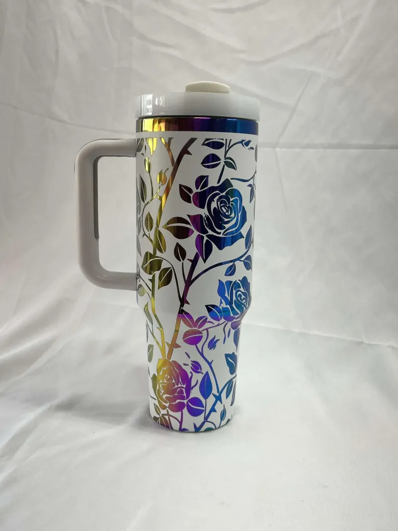 40oz Stainless Steel Engraved Tumbler with Handle – Gradient Rose Design