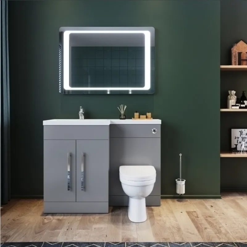 1100mm Left Hand High Matt Grey Vanity Unit & Back to Wall Toilet Unit with D-Shape Toilet & Basin
