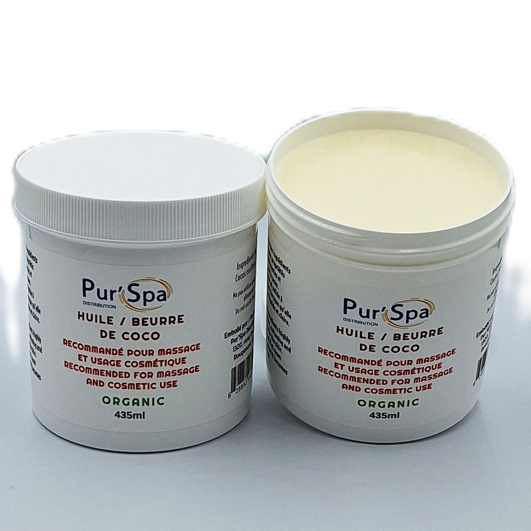 Beurre-huile de coco, apprécié pour ses propriétés protectrices, adoucissantes et nourrissantes pour la peau.
