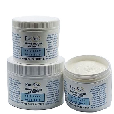 Beurre de karité fouetté IRIS BLEU Crème hydratante sans effet gras pour massage. Sans eau, sans silicone.