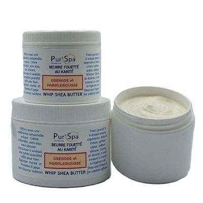 Beurre de karité fouetté GRENADE et PAMPLEMOUSSE. Crème sans effet gras pour massage. 