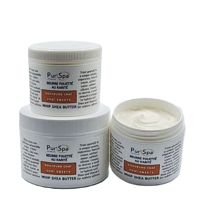 Beurre de karité fouetté DOUCEURS CHAÏ. Crème hydratante sans effet gras pour massage. Sans eau, sans silicone.