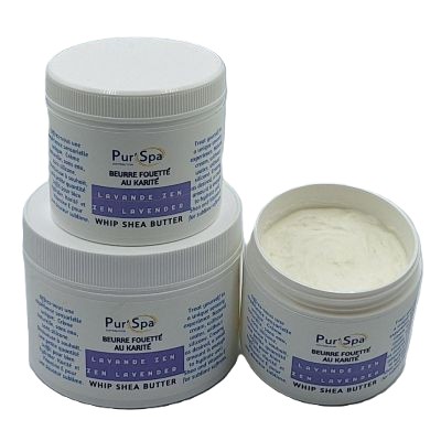 Beurre de karité fouetté LAVANDE ZEN. Crème hydratante sans effet gras pour massage. Sans eau, sans silicone.