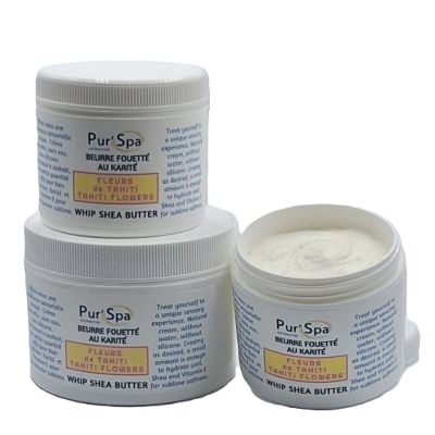 Beurre de karité fouetté FLEURS DE TAHITI. Crème hydratante sans effet gras pour massage. Sans eau, sans silicone.
