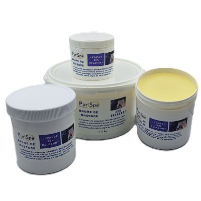 Baume de massage Lavande Zen, avec texture douce, non collante, pour massage complet ou zone ciblée.