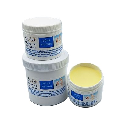 Baume de massage BéBé-Maman, avec texture douce, non collante, pour massage complet ou zone ciblée.