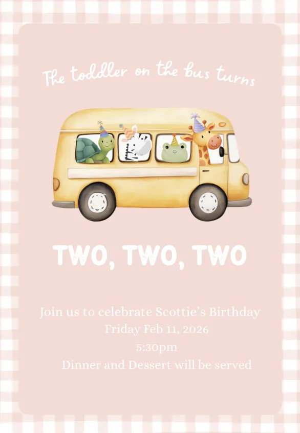 Toddler on the Bus Turns TWO TWO TWO Birthday Invite