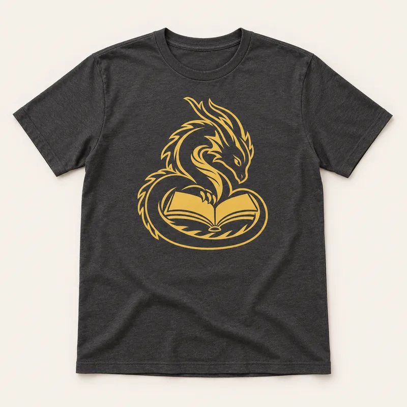 Charcoal T-shirt concept with a gold dragon-and-book design.