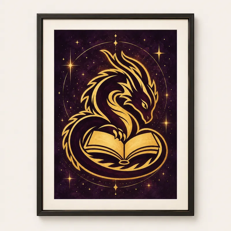 Framed art print concept with a gold dragon and open book against a purple starry background.