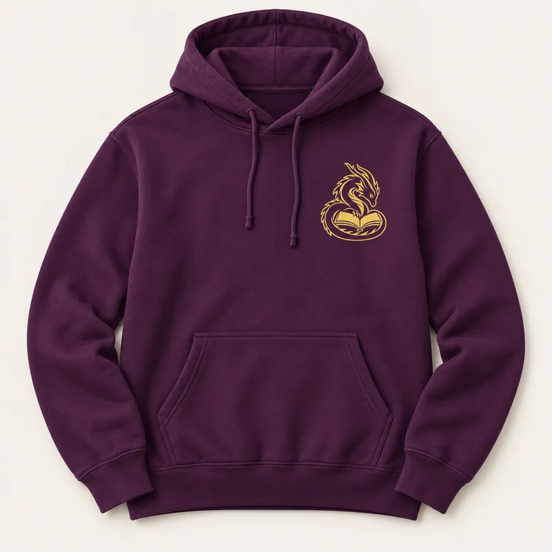 Plum hoodie concept with a small gold dragon-and-book chest design.