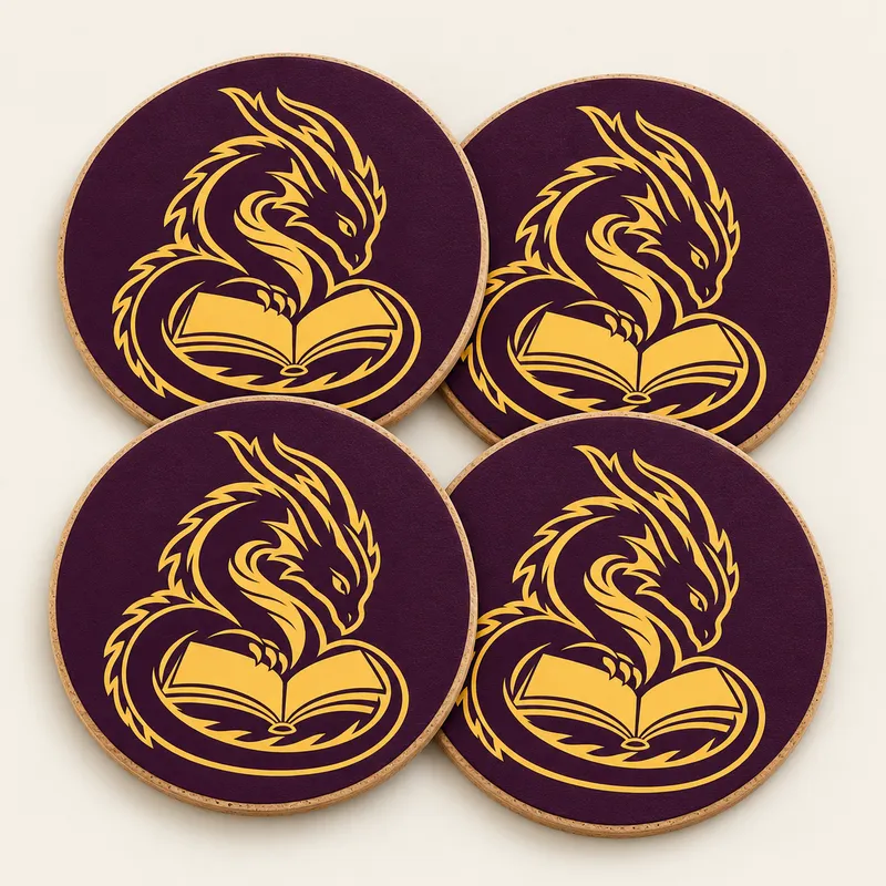 Four purple coaster concepts featuring the gold dragon-and-book emblem.