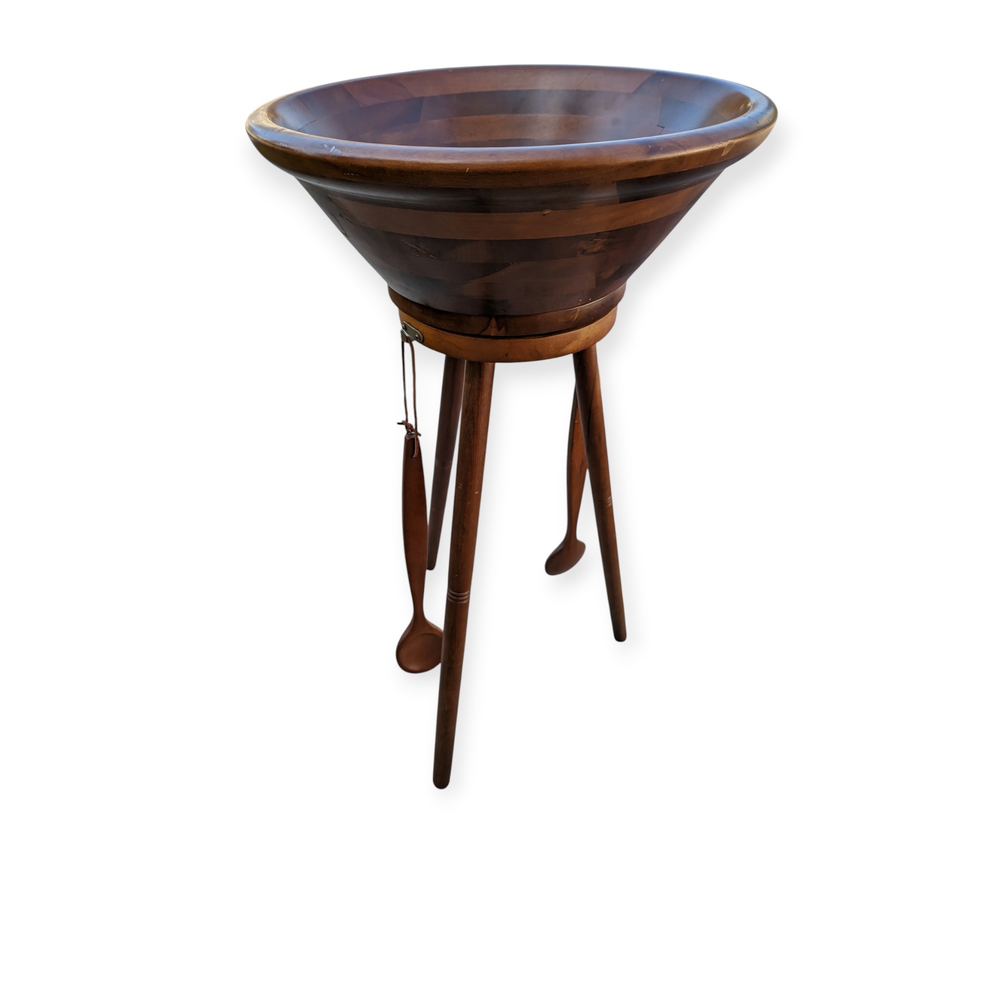 Vintage Hellerware Staved Wood Salad Bowl on Tripod Stand