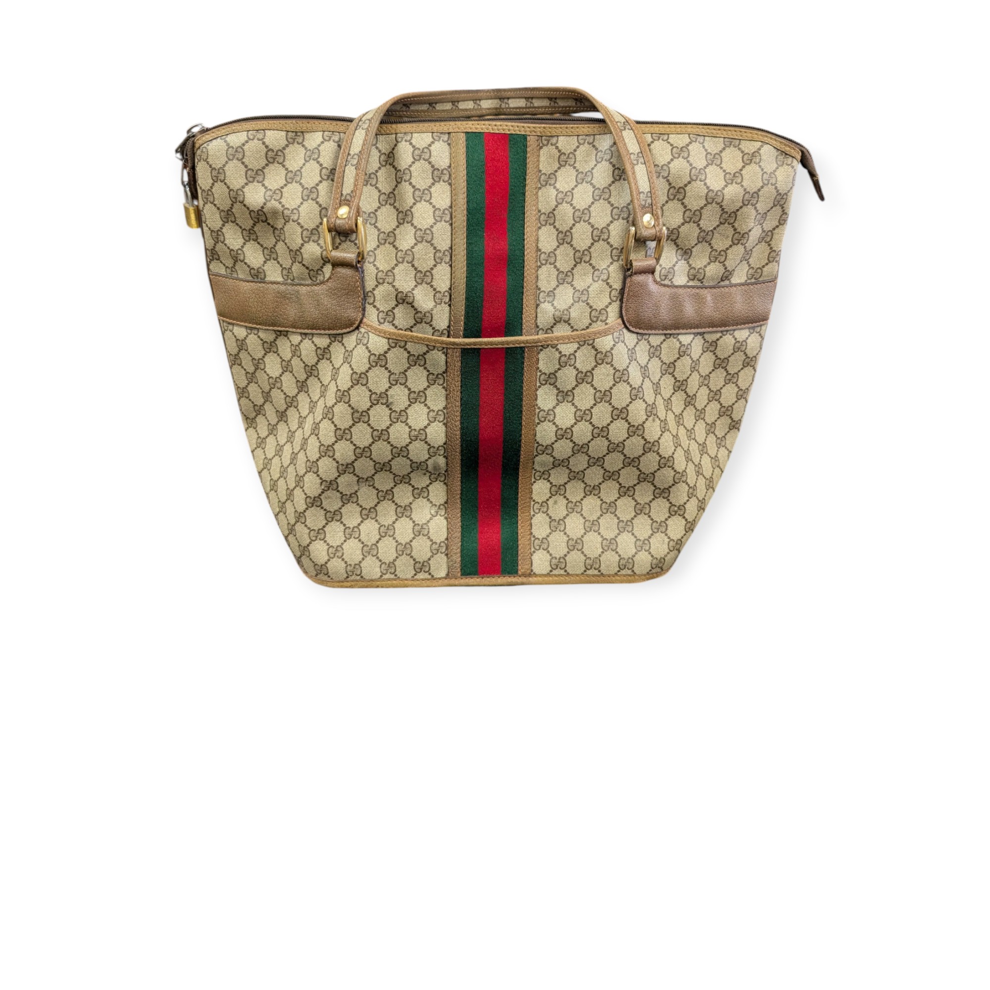 Vintage Gucci GG Monogram Coated Canvas Red Green Web Stripe Tote Bag