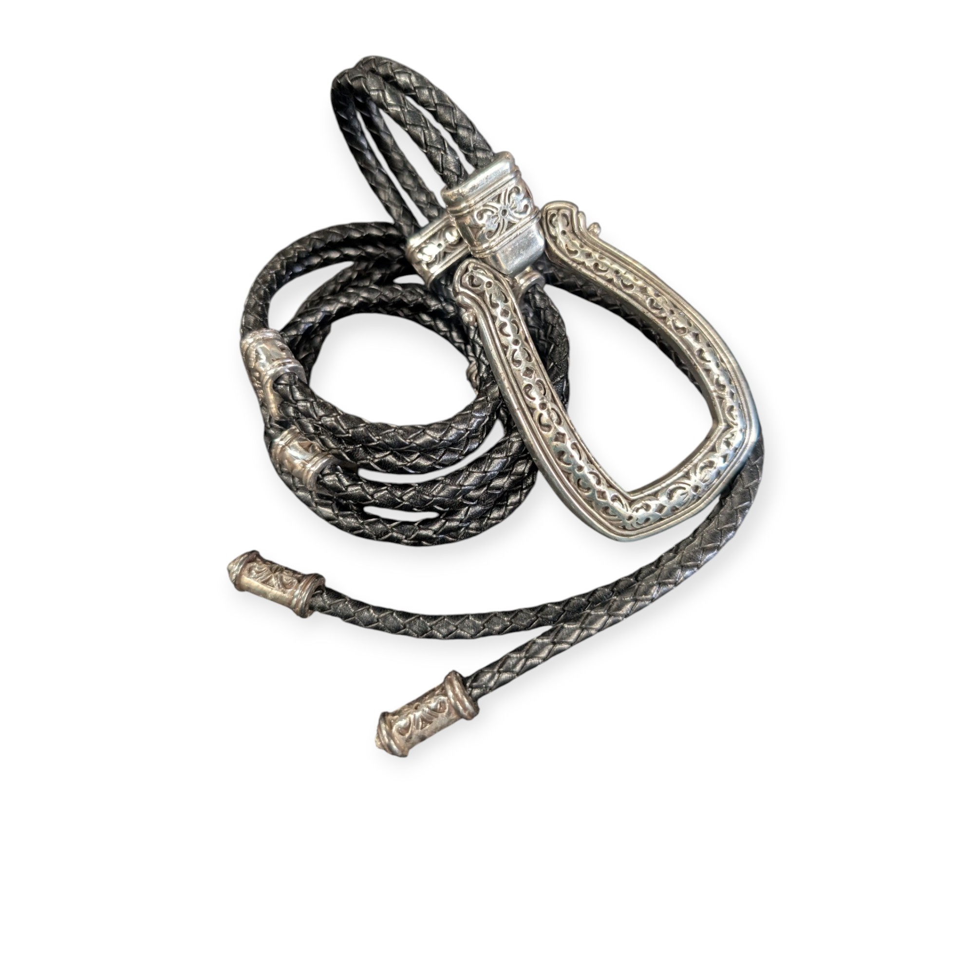 Vintage Ornate Silver-Toned Horseshoe Braided Leather Cord Belt