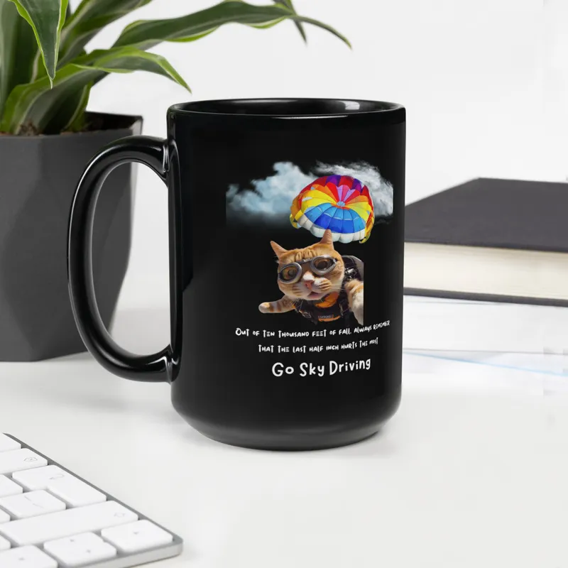 Black Glossy Mug: Sky Driving Cat