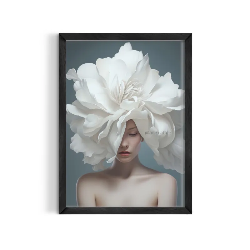 Cuadro Retrato Mujer con Peonía Blanca – Estilo Surrealista Elegante