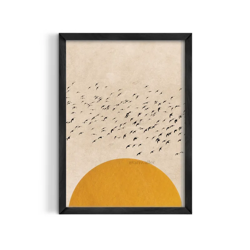 Cuadro Minimalista Sol Dorado y Bandada de Pájaros