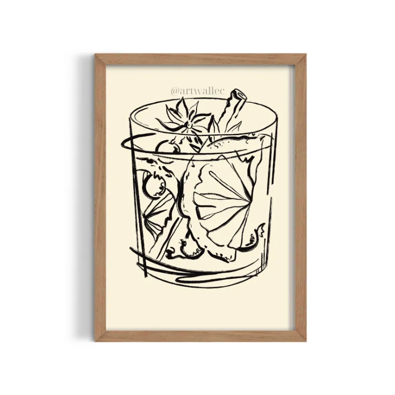Cuadro Ilustración Coctel Old Fashioned – Estilo Line Art