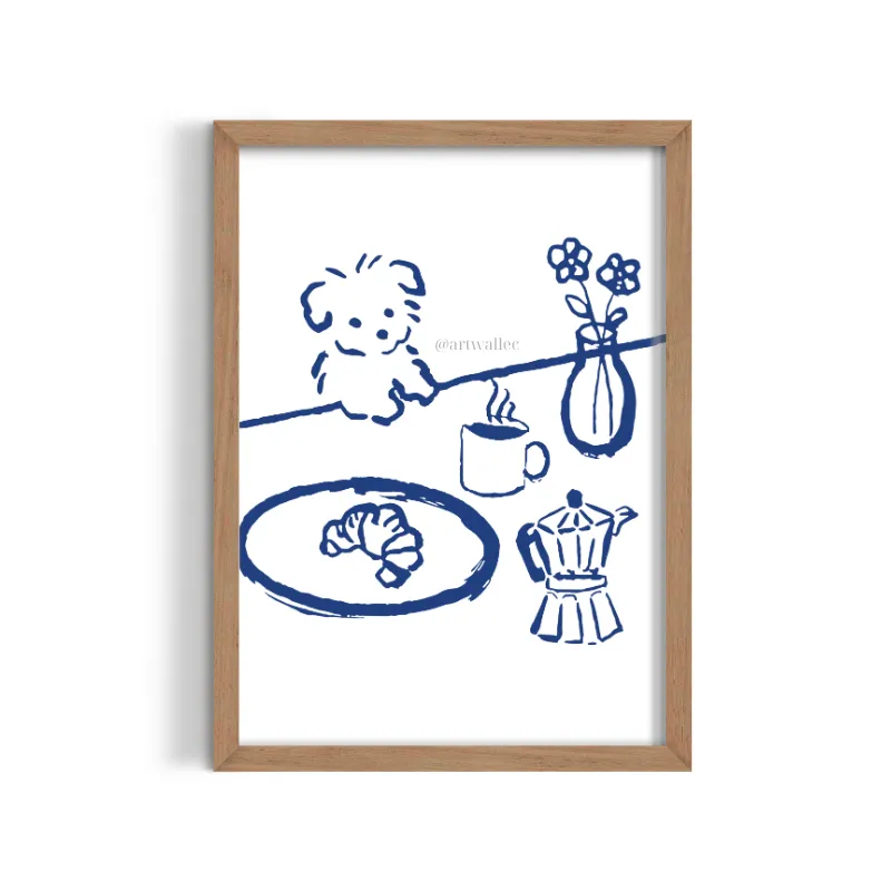 Cuadro Perrito y Croissant – Estilo Line Art Azul