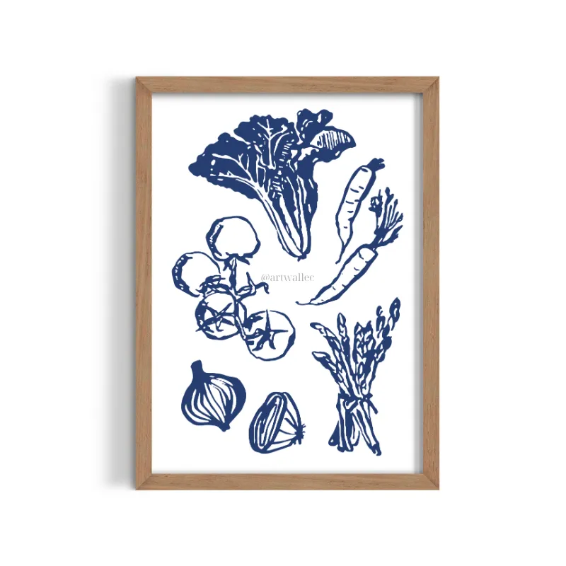 Cuadro Vegetales Frescos – Estilo Ilustración Botánica Azul