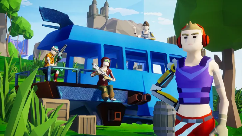 Shmooter Forts map: blue battle bus by the fortress