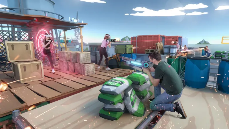 Shmooter Island Assault map: players battle among crates and shipping containers