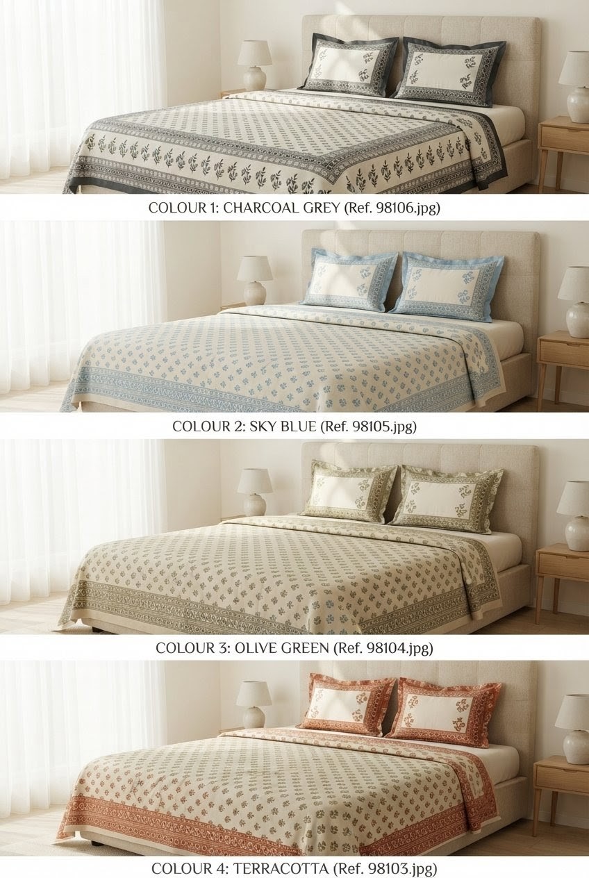  ELITE CLASS PURE COTTON BLOCK PRINT KING SIZE BEDSHEET SET