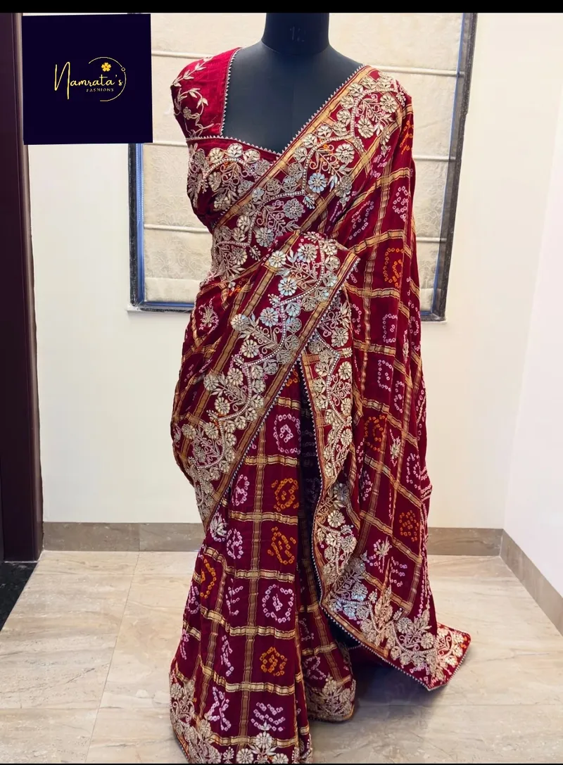 Regal Crimson Gajji Silk Ghatchola Bandhej Gotapatti Saree