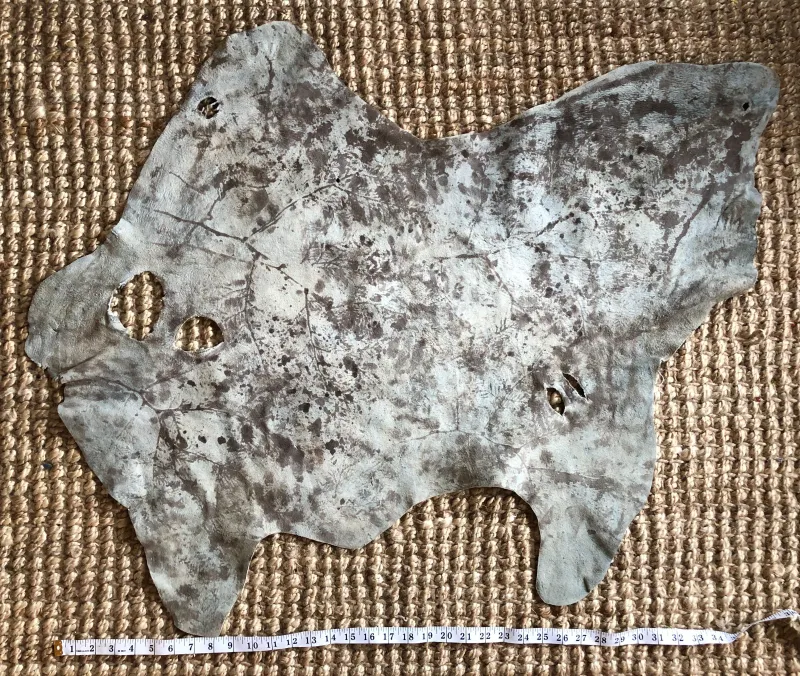 Natural Dye Buckskin - Pale Indigo & Cedar Leaf Stamp
