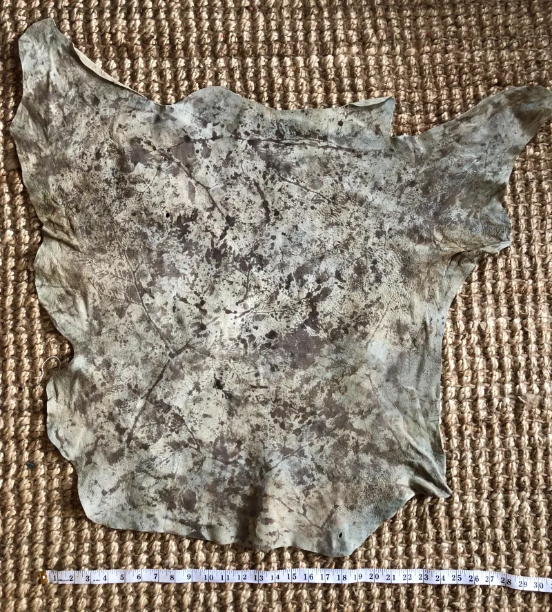 Natural Dye Buckskin - Pale Indigo & Osage - Cedar Leaf Stamp
