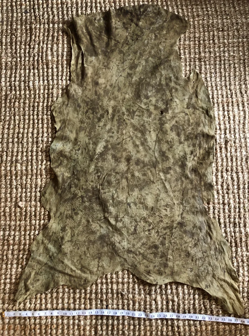 Natural Dye Buckskin - Indigo & Osage - Cedar Leaf Stamp