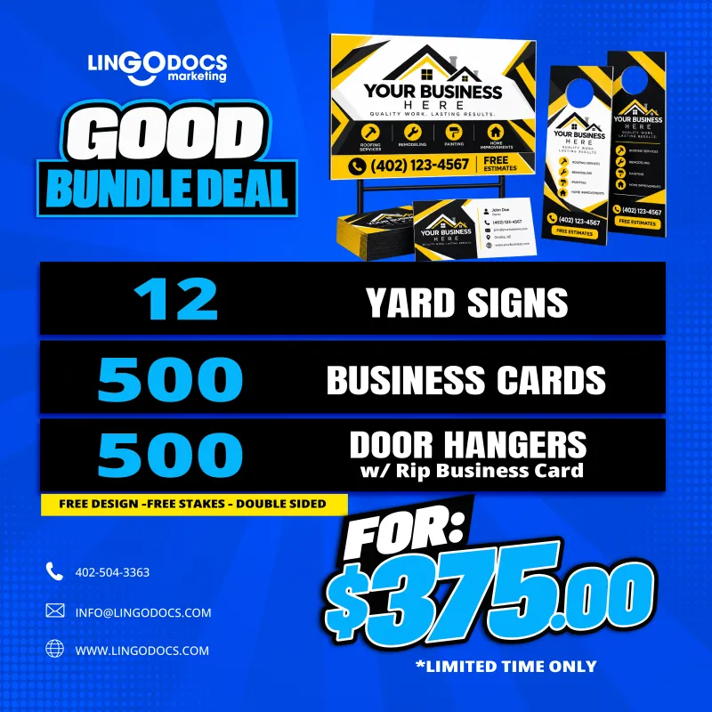 Business Marketing Bundle – 12 Yard Signs, 500 Business Cards & 500 Door Hangers