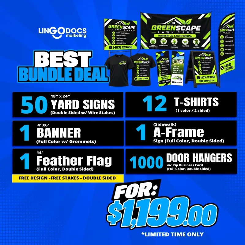 Complete Business Marketing Bundle – Signs, Shirts, Banner, Flag & Door Hangers