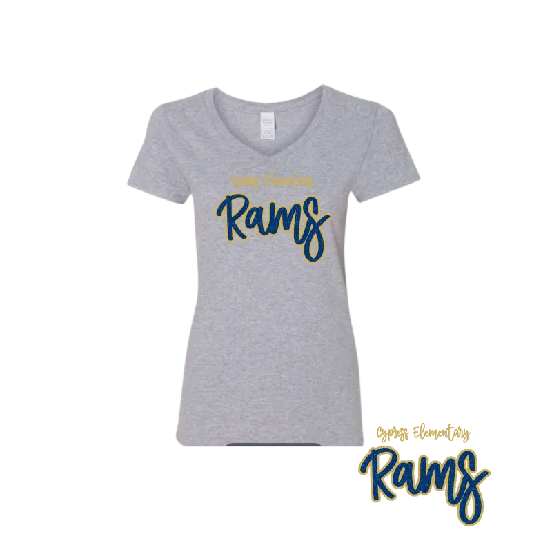Adult "CES" Glitter Cypress Elementary Rams V- Neck 