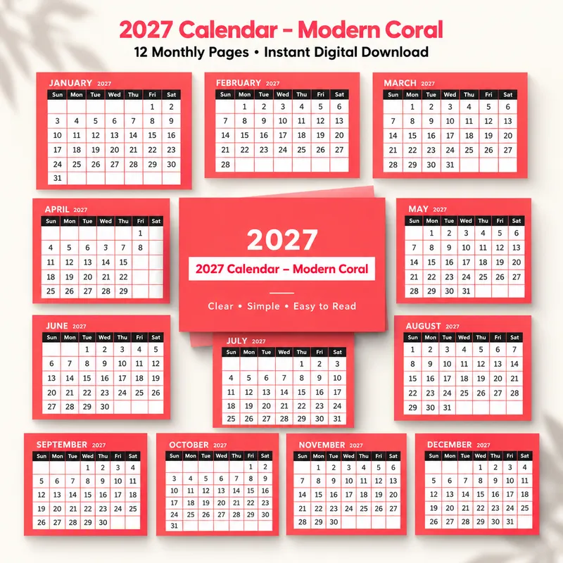 2027 Calendar – Modern Coral