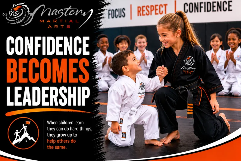 Older Mastery Martial Arts student helping a younger student build confidence and learn new skills.