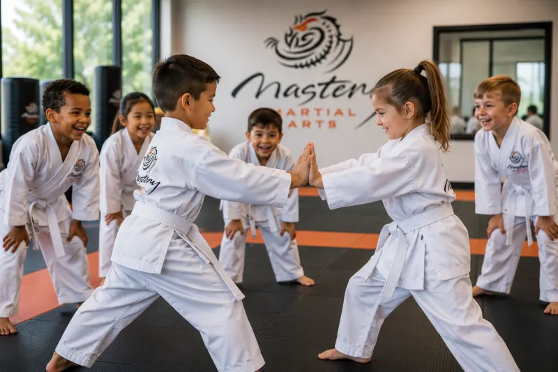 Group of children encouraging a fellow student during martial arts training and confidence-building activities. Group of children encouraging a fellow student during martial arts training and confidence-building activities.
