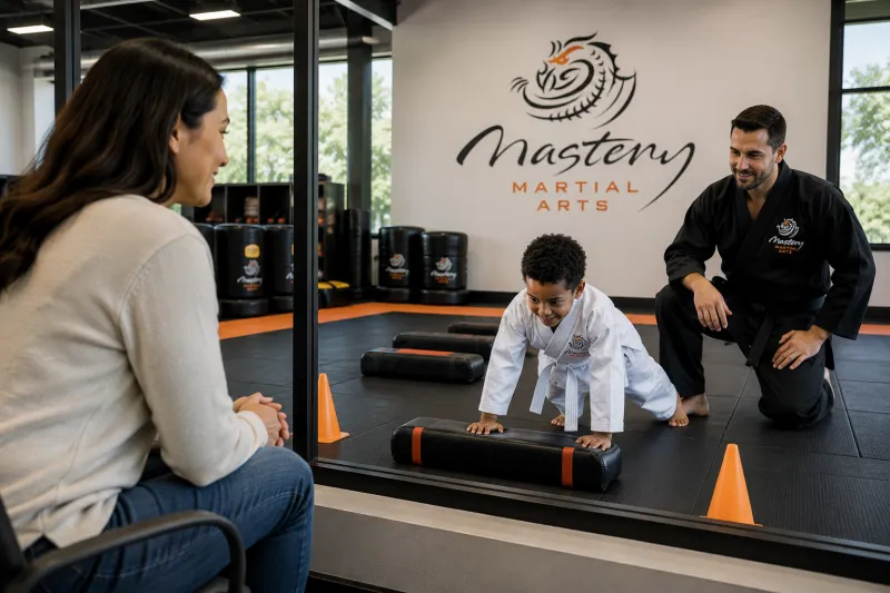 Parent proudly watching a child work through a challenge independently during martial arts class. Parent proudly watching a child work through a challenge independently during martial arts class.