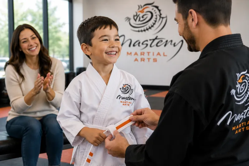 Young martial arts student receiving recognition after demonstrating perseverance, effort, and personal growth. Young martial arts student receiving recognition after demonstrating perseverance, effort, and personal growth.