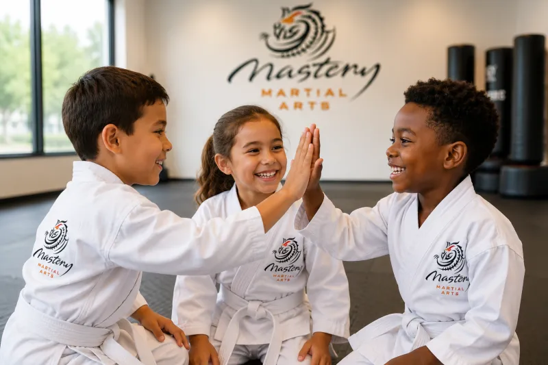 Three children in white Mastery Martial Arts uniforms high-fiving after practicing together and building confidence. Three children in white Mastery Martial Arts uniforms high-fiving after practicing together and building confidence.