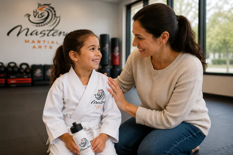 Mother encouraging her daughter after martial arts class while helping build confidence and self-esteem. Mother encouraging her daughter after martial arts class while helping build confidence and self-esteem.