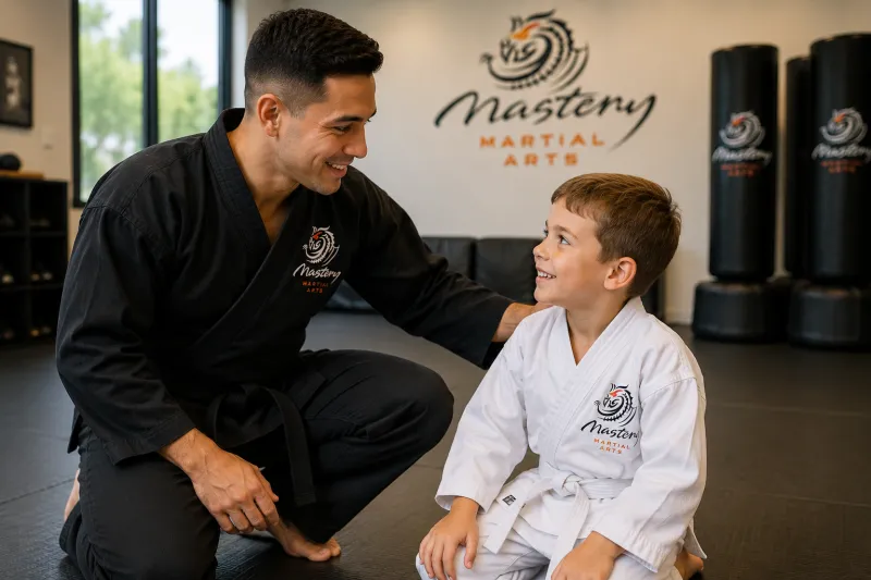 Mastery Martial Arts instructor encouraging a young student while helping him develop confidence and social skills. Mastery Martial Arts instructor encouraging a young student while helping him develop confidence and social skills.