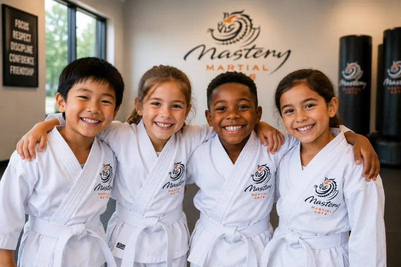 Confident child smiling with friends after martial arts class and developing lasting friendships. Confident child smiling with friends after martial arts class and developing lasting friendships.
