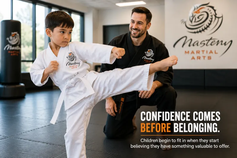 Young martial arts student practicing confidently while building self-esteem and social confidence.