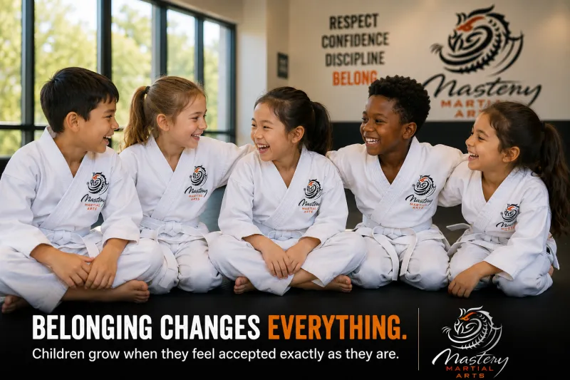 Group of children laughing together after martial arts class and building friendships through confidence.