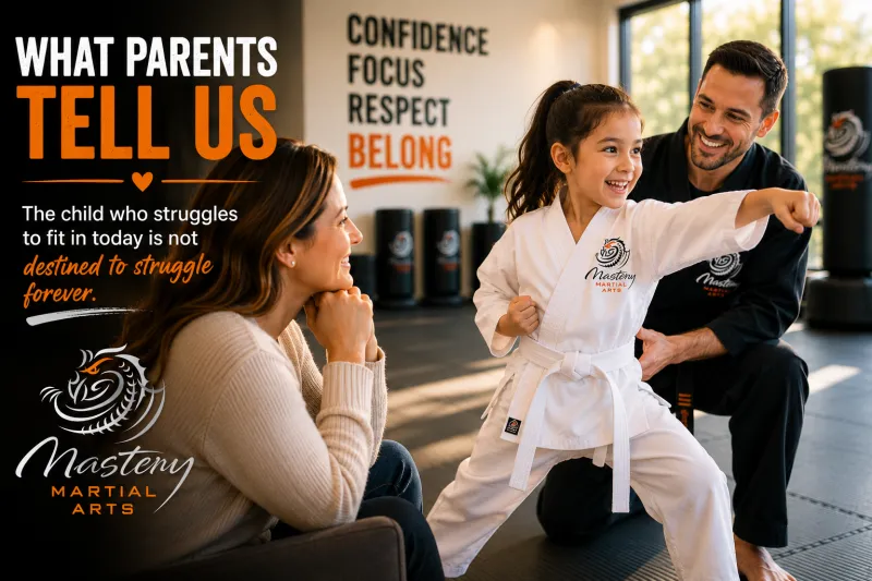 Mother proudly watching her daughter participate confidently in martial arts class.