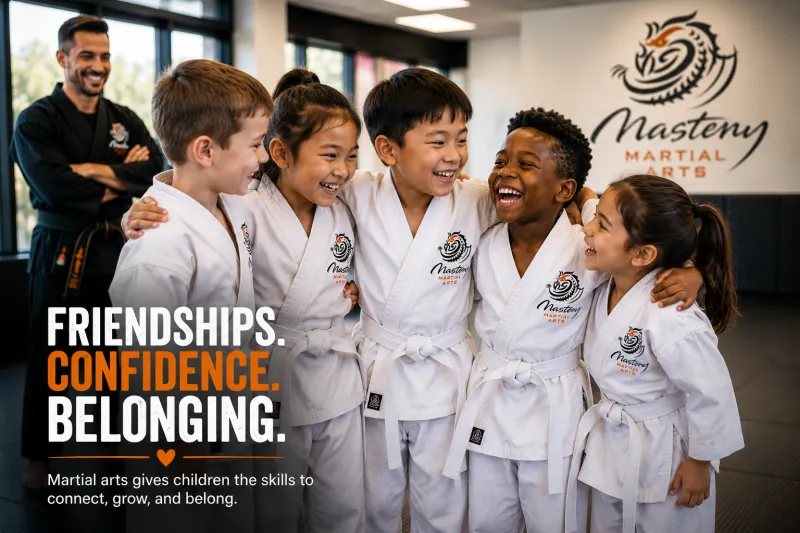 Confident child smiling beside friends after martial arts class and developing lifelong friendships.