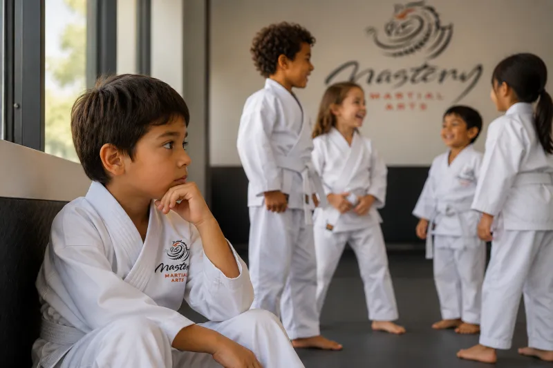 Young child in a white Mastery Martial Arts uniform quietly observing classmates while building confidence to speak up. Young child in a white Mastery Martial Arts uniform quietly observing classmates while building confidence to speak up.