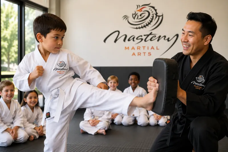 Young boy in a white Mastery Martial Arts uniform performing a front kick while a black belt instructor encourages him, building confidence and courage to express himself. Young boy in a white Mastery Martial Arts uniform performing a front kick while a black belt instructor encourages him, building confidence and courage to express himself.