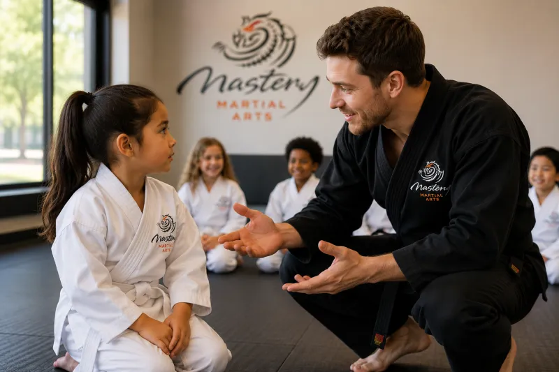Black belt instructor kneeling beside a young girl in a white Mastery Martial Arts uniform, encouraging her with kindness and helping her build confidence to speak up. Black belt instructor kneeling beside a young girl in a white Mastery Martial Arts uniform, encouraging her with kindness and helping her build confidence to speak up.